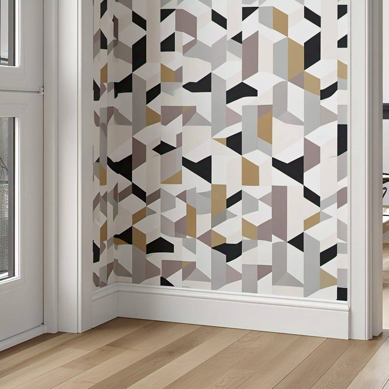 standard torus skirting board and architrave in hallway with abstract geometric wallpaper